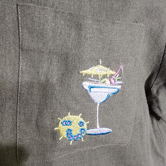 AKC Womens Top Large Green Linen Blend Embroidered Cocktails Tiki Button Pocket - Picture 7 of 10
